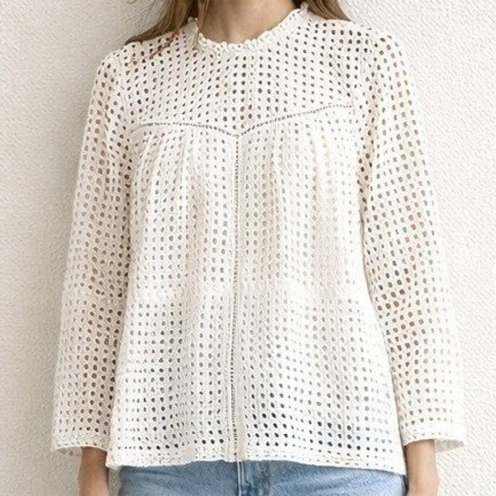 Point Sur‎ Womens Eyelet Lace Top 2 Ivory Peasant Boho Romantic Cottagecore